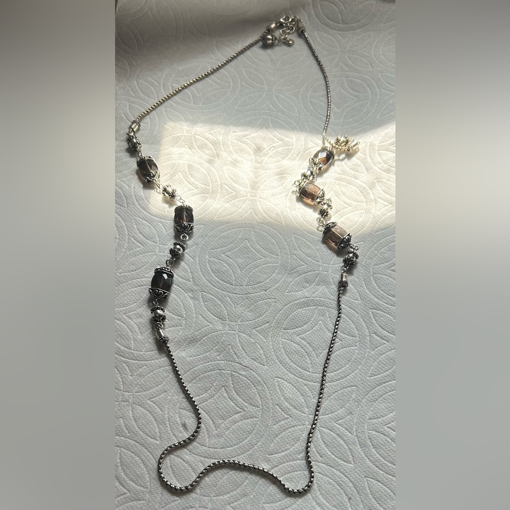 Brighton silver toned long smokey quartz necklace.